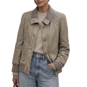 Mackage "Veil" Mixed Media Leather & Wool Bomber Jacket Tan Beige Gray Women's M